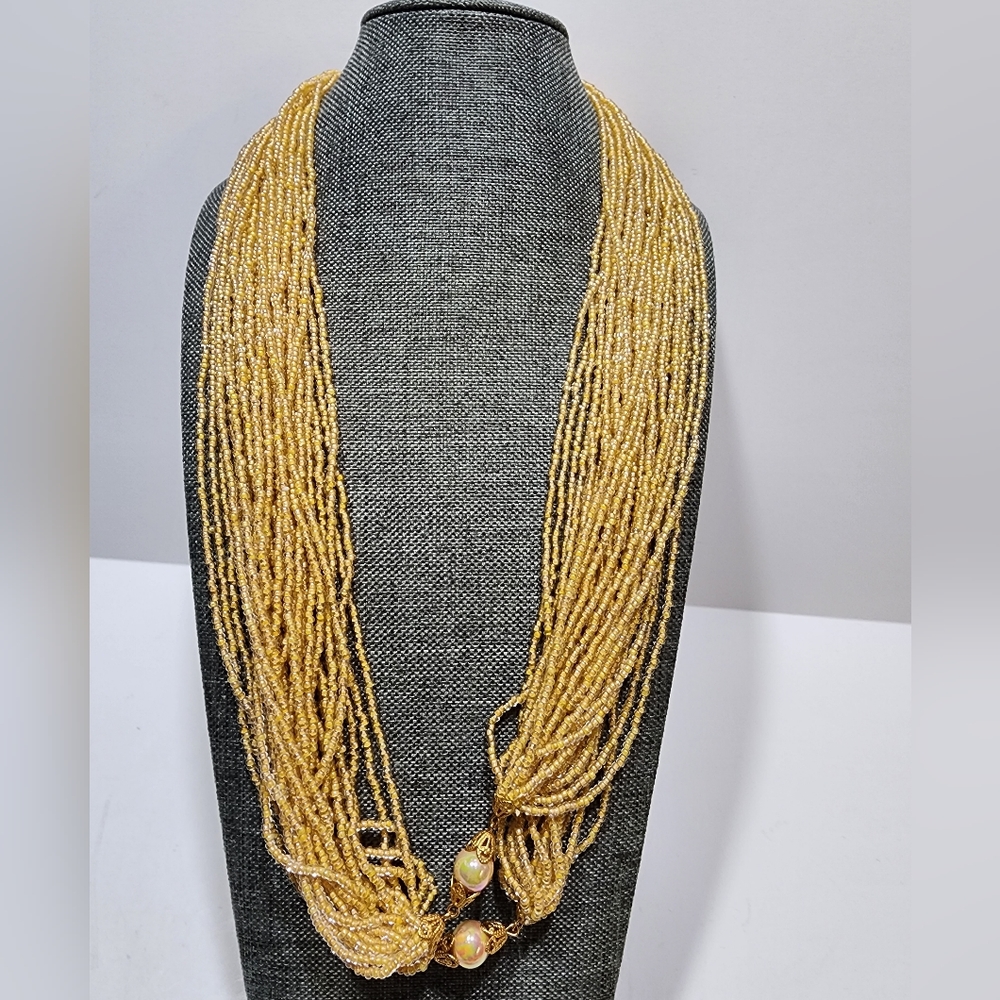 Multi Strand Mini Beaded Necklace with Iridescent Beads Gold Tone Caps
